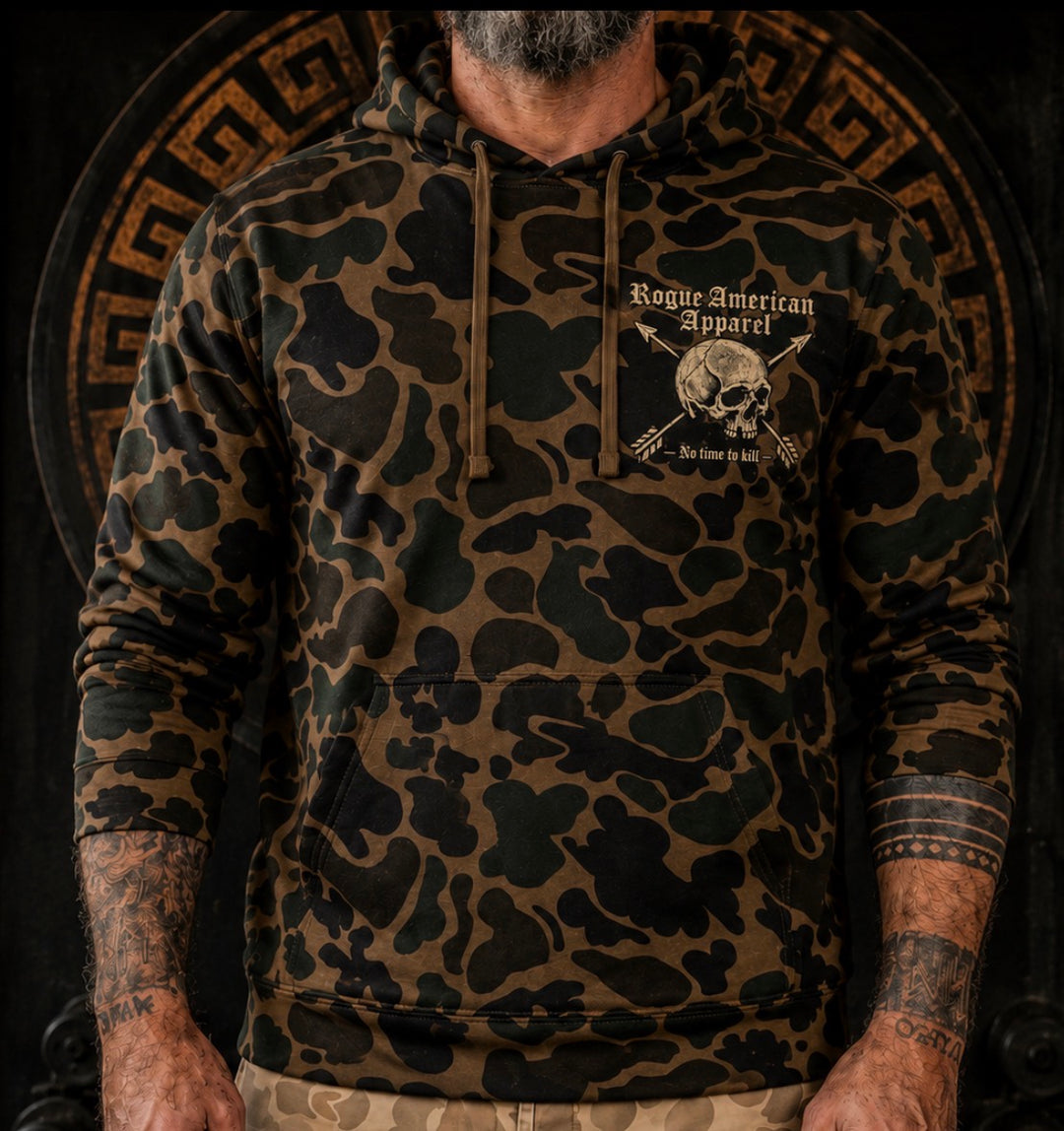 No Time Duck Camo Hoodie front view with Rogue American Apparel skull and arrow chest logo