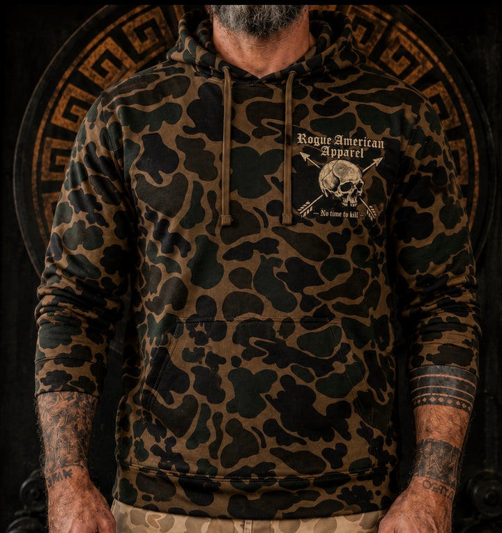 No Time Duck Camo Hoodie front view with Rogue American Apparel skull and arrow chest logo