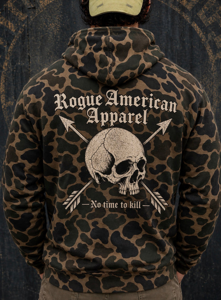 No Time Duck Camo Hoodie back view with Rogue American Apparel gothic text, skull and crossed arrows, No time to kill tagline