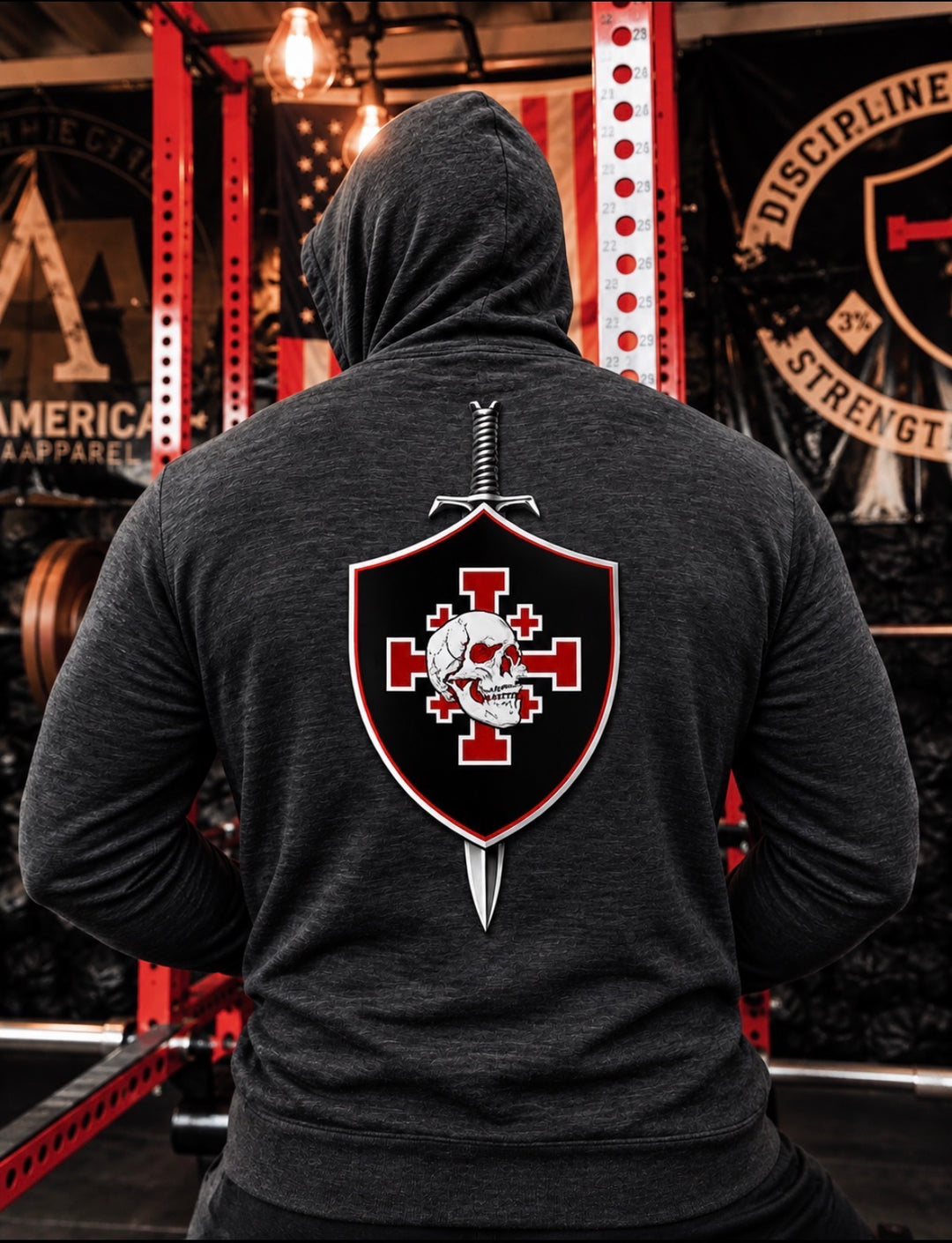 Back of charcoal Peace Power and Purpose lightweight hoodie featuring a skull, red cross, shield, and sword graphic