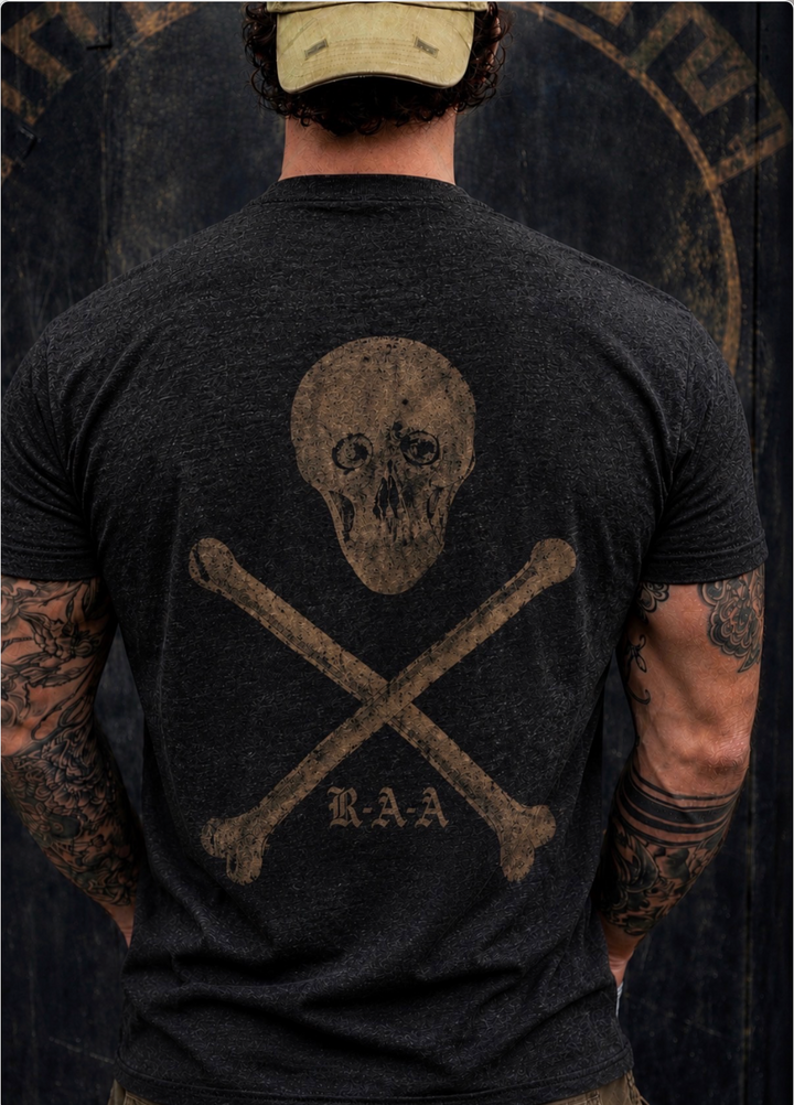 Back view of black men's tee with weathered skull-and-crossbones RAA graphic